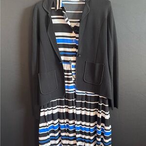 Calvin Klein Black Blazer with Black, White & Blue Striped Midi Dress